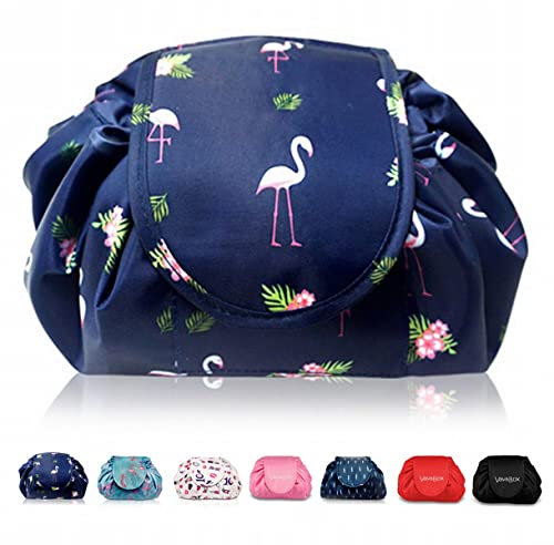 Lazy Drawstring Makeup Bags, Large Capacity Waterproof Travel Portable Cosmetic Bag Pouch Makeup Pouch Storage Organiser for Women Girl (Navy Flamingo)