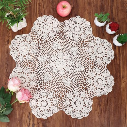 kilofly Handmade Crochet Cotton Lace Table Sofa Doily, Waterlily, Beige, 22 inch