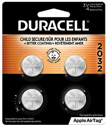Duracell Set di 4 batterie a bottone al litio CR2032 da 3 V, rivestimento amaro per scoraggiare la deglutizione, confezione sicura per bambini, ideale per portachiavi, telecomandi e molto altro ancora