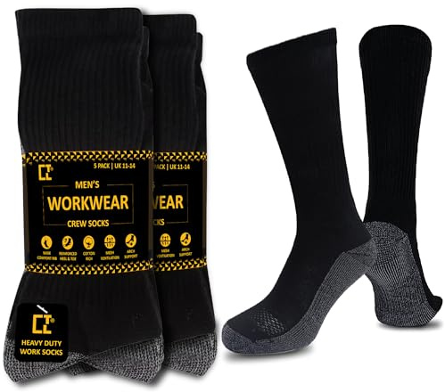 CTL® 10 Pairs Men's Big Foot Work Socks UK Size 11-14 Pack of Long Boot Full Cushion Force Performance With Reinforced Heel & Toe For All Seasons Black