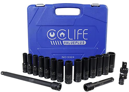 CCLIFE 19tlg 1/2' Schlagschrauber Nüsse Set, 10-24mm Cr-Mo Kraft Nuss Steckschlüssel Schlagnuss mit Verlängerung, Adapter & Kreuzgelenk