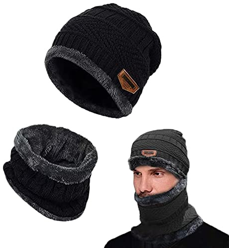 AOMAIGAD Invierno Beanie,Gorro de Invierno para Hombres y Mujeres Bufanda Cálida, Conjunto Gorro y Bufanda de Punto 2 en 1, Gorro de Punto, Sombreros Cálidos de Invierno (negro)
