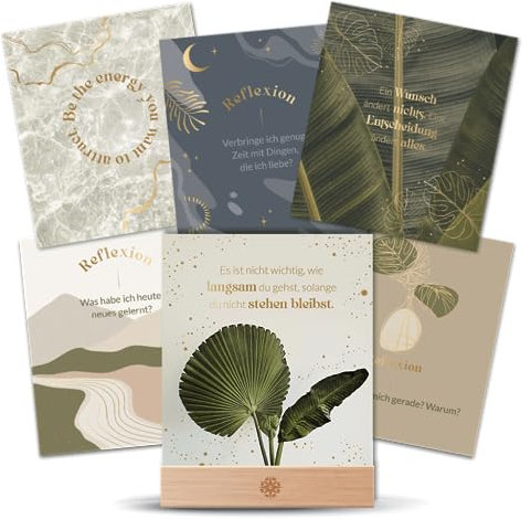 LEBENSKOMPASS 12 Motivationskarten mit Goldfolie & Holzfuß zum Aufstellen Kartenset Motivation, Achtsamkeit, Affirmation, Persönlichkeitsentwicklung