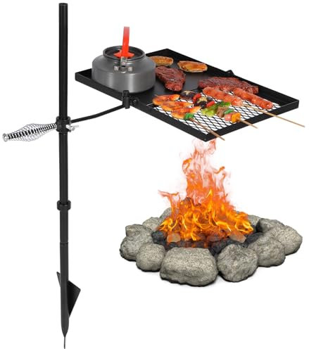Lineslife Grille de barbecue pivotante pour feu de camp, grille réglable au-dessus du foyer, équipement de cuisson pour feu de camp avec sac de transport pour barbecue en plein air, rectangle noir