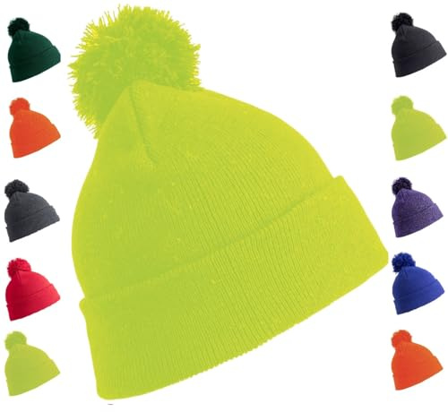 OnlyBee Bonnet à pompon uni pour enfant, jaune fluo, 4-10 Years