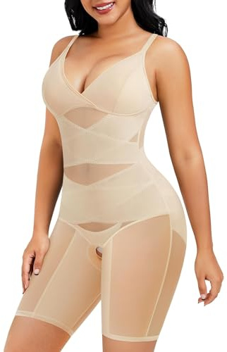 Junlan Shapewear Bodysuit for Women V Neck Butt Lifter Full Body Shaper Tummy Control Thigh Slimmer Shorts Seamless Jumpsuit One Piece (Beige,L)