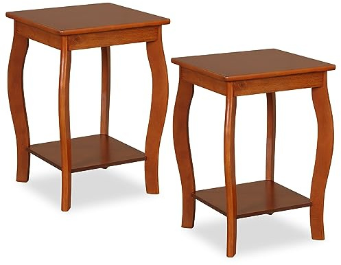 Giantex 2-Tier Square End Table, Narrow Tiered Telephone Table with Storage Shelf, Solid Wood Legs, Modern Sofa Side Table Nightstand for Living Room, Bedroom, Small Space, Walnut (2, Square)