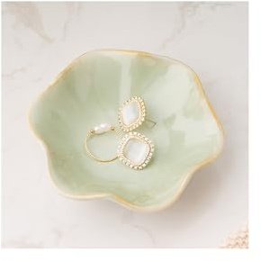 Mecaikru Ceramic Trinket Dish, Ring Tray, Decorative Jewelry Dish for Earrings Necklaces Watch Keys, for Women, White Green