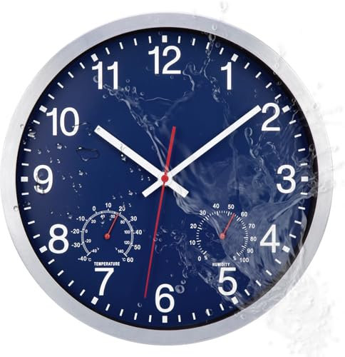 ACCSHINE Orologio da parete per esterni - con termometro e igrometro Orologio da parete senza ticchettio Silenzioso 30cm Quarzo a batteria Grande orologio da parete Deco da giardino (Blu)