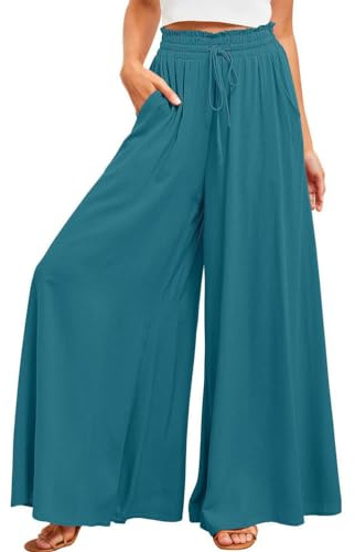 Oanviso Pantalon Fluide Femme Été Chic Ample Yoga Fitness Pantalon en Lin Taille Haute Vintage Pantalon Large Palazzo Jambes Jupe Culotte Business Pantalon A Bleu Paon L