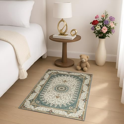 BedLooms Washable Bedside Small Rug 40x60 cm Teal Area Rugs for Bedroom Living Room – Traditional Floral Vintage Boho Cashmere Design Carpet Non Slip Entryway Door Mat, (Willow)