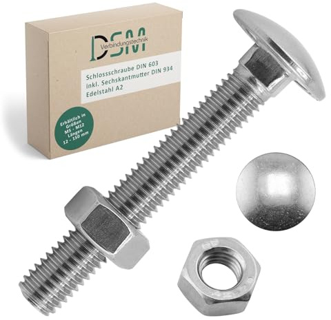 DSM – Tornillos de cierre M12 x 120 mm según DIN 603 – incl. tuerca hexagonal M12 DIN 934 – acero inoxidable A2/V2A – tornillos de cabeza plana y cuello cuadrado – rosca completa – tornillos para