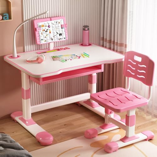 Haibinsuo Ensemble bureau et chaise pour enfants, table et chaises avec lumière LED, porte-gobelet, grand espace de travail pour garçons et filles, étude, apprentissage, écriture, lecture, hauteur