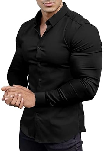 Camiseta de manga larga para hombre, diseño unicolor, con elasticidad, ajuste musculoso, atlético, ajuste estrecho, mangas largas, elástica, informal, camisa de botones Activewear, Negro , S