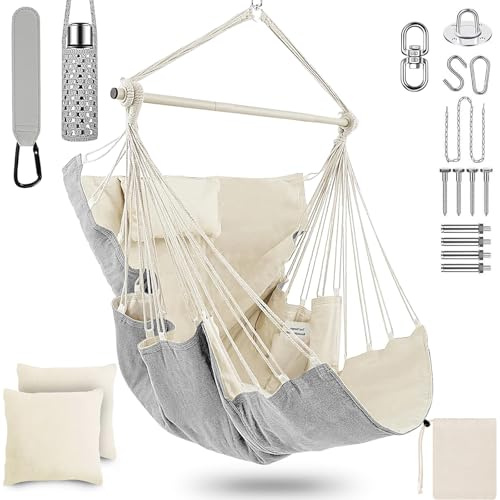 Hängesessel Hängeschaukel Hängestuhl mit 3 Kissen & Tasche, Übergroßer Hängesessel Kinder & Erwachsene max 330 lbs, Hängematte Indoor & Outdoor Schaukelstuhl für Wohn- Schlafzimmer Garten Terrasse