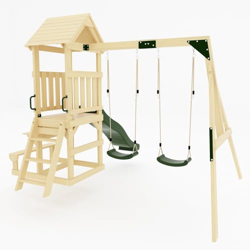 GALACTICA Outdoor Wooden Swing and Slide Set for Kids, Garden Swing with 2 Adjustable Seats and Built-in Desk & Bench, Sturdy Weather-Resistant Frame, Backyard Playground for Toddlers and Children