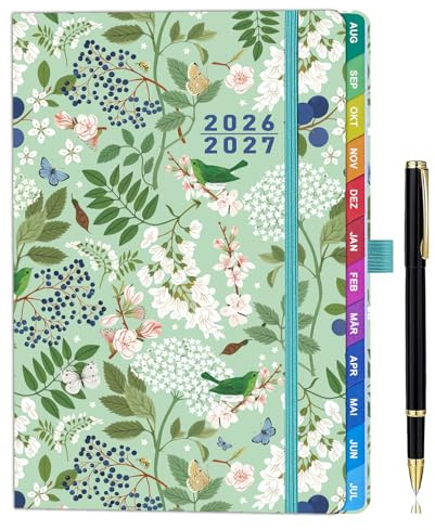 ZXHQ Lehrerkalender 2026–2027 A5+, Lehrerplaner mit Monatsübersicht & Farbig Gestalteten Monatsregistern, Hardcover, Mit Innentasche, 208 Seiten, 16,5 x 22 cm, Botanisches Grün