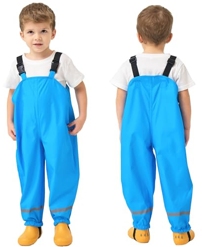 Fewlby Pantalones impermeables para niños, para niñas y niños, impermeables, con tirantes, para lluvia, viento y agua, con tirantes reflectantes, ropa impermeable para exteriores, azul, 4-5 años