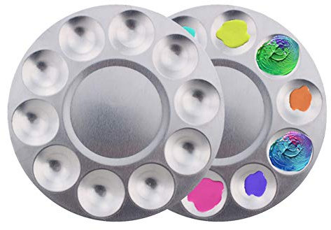 2Pcs 10 Wells Palette Malen, Aluminium Öl Palette Mischpalette für Ölfarben Runde Farbwanne Paletten für Professionelle Kunst