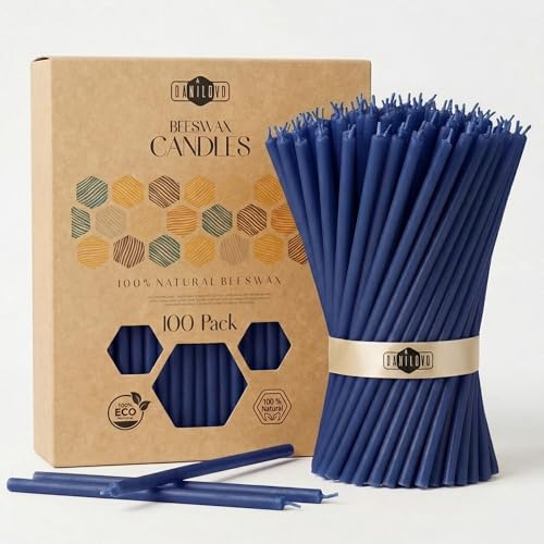 Danilovo 100 Candele Sottili in Cera d’Api - Candele Ortodosse da Chiesa in Cera d’Api con Stoppino in Cotone, Rituali per Meditazione, Preghiera e Altare Domestico, Profumo di Miele (16 cm, Blu)