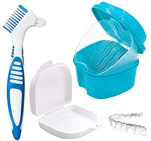 Caja de almacenamiento de dentaduras postizas, caja de inmersión, instalaciones sanitarias, caja de almacenamiento de ortodoncia, 2 cajas pequeñas de almacenamiento de viaje. Y cepillo de limpieza
