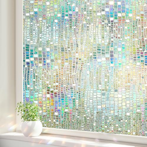 ALIUNI Window Privacy Film, Stained Glass Window Films 3D Rainbow Decorative Static Cling Iridescent Window Tint Heat Blocking Decals Covering for Home Door Vinyl 17.5 x 78.7