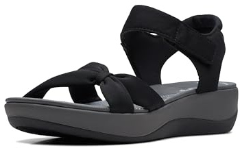 Clarks Women's Arla Shore Flat Sandal, Black Textile, 9.5 Wide US