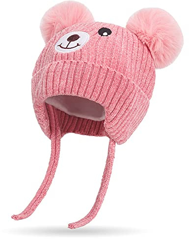 Söt björn vintermössa för barn med öronklaffar 1-5 år dubbel pom-pom chenille stickad varm hatt för baby flickor pojkar fleecefodrad varm öronlappsmössa med rem småbarn kallt väder lurvig varm mössa