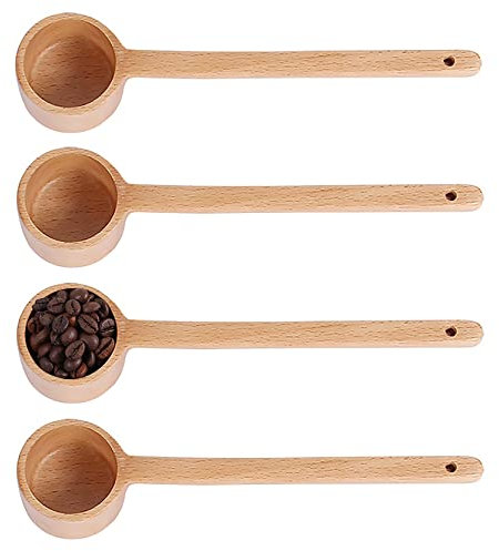 UPTALY Set di 4 cucchiai dosatori in legno da 27cm (60ml/per), misurini da caffè con manico lungo, paletta in chicchi di caffè, cucchiaio in legno di faggio per barattoli profondi