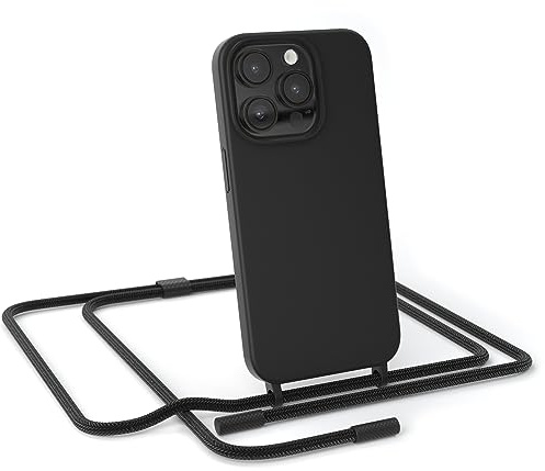 EAZY CASE - Handykette kompatibel mit iPhone 14 Pro - dünne Handyhülle Hülle mit Band als Fallschutz Kette zum Umhängen stoßeste Hülle Silikon mit Mikrofaser in Schwarz