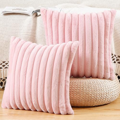 Madizz 2er Set Kunstpelz Plüsch Dekorative Kissenbezüge Flauschig Gestreifte Weich Dekorative Kissenbezug für Sofa Schlafzimmer Kissen Shell Rosa 50 x 50 cm