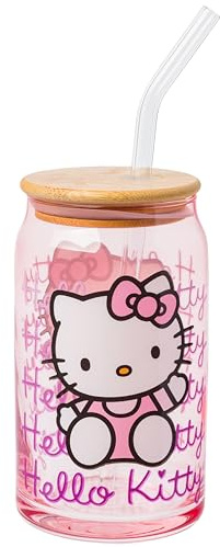Silver Buffalo Sanrio Hello Kitty Waving Pink Glass Jar Tumbler with Bamboo Lid and Glass Straw, 16 Ounces