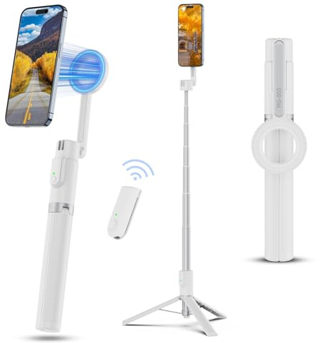 ULANZI 54'' Magnetic Selfie Stick Tripod Pro, All-in-One Phone Tripod w Magnetic Phone Holder & Detachable Wireless Remote, C/W Magsafe, for iPhone 16 15 14 13 12 Series & Android Phones (White)
