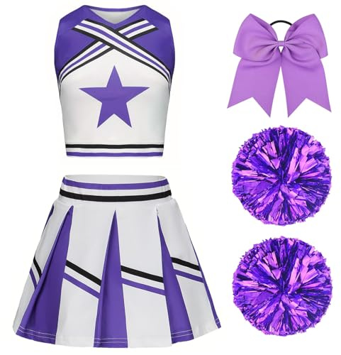 Déguisement Pompom Girl Fille, Uniforme Cheerleader Avec Pompoms et Chaussettes, Robe Costume Pour Enfant Halloween Carnaval Mascarade Violet 170