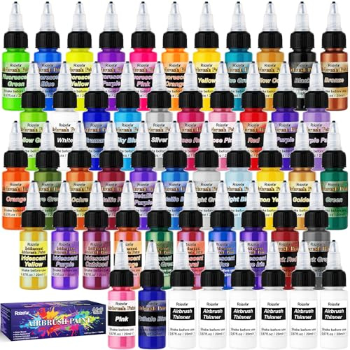 Roizefar peinture aérographe, Lot de 44 peintures acryliques + 6 diluants aérographes pour bricolage, aquarelle, peinture à l'huile, etc. Séchage rapide, couleur fluo opaque 20 ml/boîte