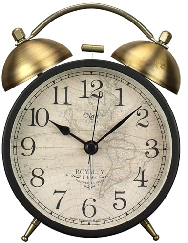 Sveglia a doppia campana, sveglia analogica retrò, silenziosa, al quarzo, senza ticchettio, con luce notturna, piccola orologio da scrivania per comodino, funzionamento a batteria (Mappa)