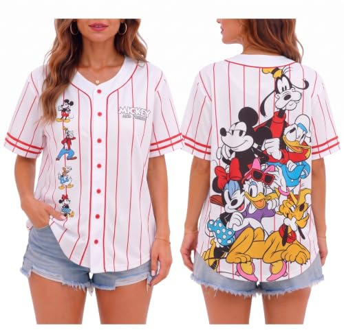 Disney Basebolltröja för kvinnor – Musse Pigg, Lightning McQueen, Marie, Lilo & Stitch – basebolltröjor för kvinnor (S-XL), Musse och vänner, L