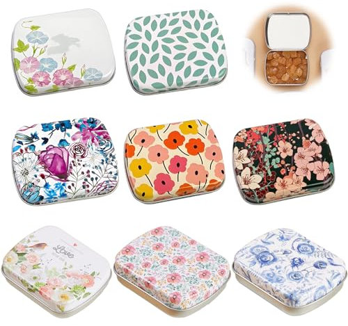 8Pcs Small Tin Box with Lids for Women Rectangular Iron Pocket Tea Mini Metal Boxes Portable Storage or Gift for Jewelry Pills Earplugs Beads and Small Items(6 * 4.5 * 1.5cm)