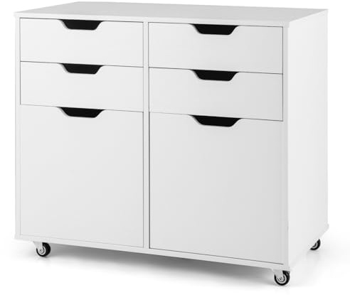 GOPLUS Cómoda de 4 Cajones, Armario Móvil con Puertas y Ruedas Universales, Cómoda Moderna, Soporte para Impresora con Ruedas para Oficina en Casa, Sala de Estar y Dormitorio, Blanca