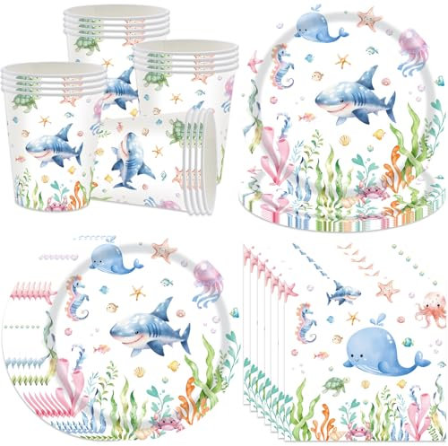 pekifaves Juego de vajilla para fiesta en el océano, Platos de papel para decoración de cumpleaños infantiles, platos de papel vasos servilletas, 16 invitados Suministros para fiestas bajo el mar
