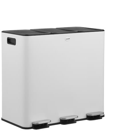 CASABEL Poubelle Tri Sélectif 3x20L, Acier Inox Blanc, Poubelle 60L Cuisine Recyclage Rectangulaire à Pédales, Anti Traces, Anti Odeurs, Systèmes de Tri des Déchets, Poubelle Tri Selectif 3 Bacs