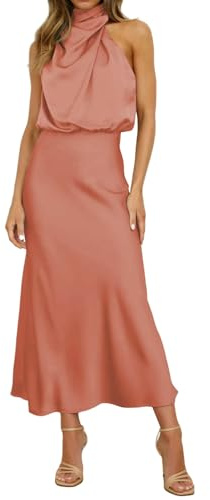 YIMAISZQ klänning damer sommar satin elegant ärmlös mock neck cocktail party maxi klänning rosa-m