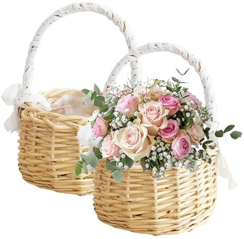 2 Stück Blumenkorb Hochzeit, Blumenmädchen Korb Mit Henkel, Mini Geflochtener Blumenkorb, Osterkörbchen Mit Henkel, Kleiner Weidenkorb Mit Henkel, Geflochtener Mit Griff Für Party, Festival