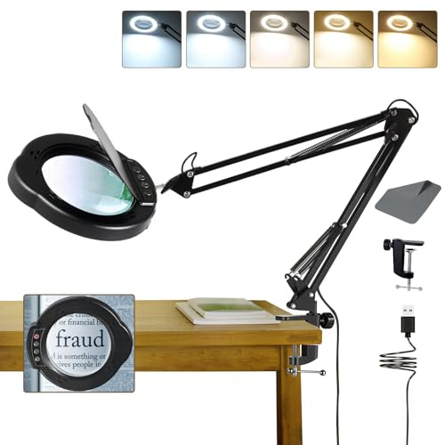 Magnifying Glass with Light, 5 Color Mode Stepless Dimmable Lighted Magnifier Clamp Lamp with Remote Control, Adjustable Arm 4.3 Glass Lens LED Magnifying Desk Lamp for Hobbies Reading (10X)