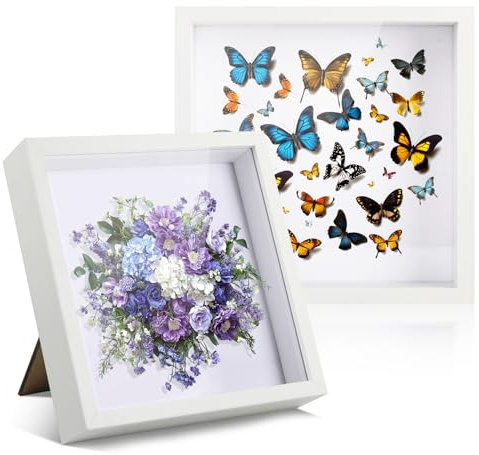 FoiiLiio Juego de 2 Marcos con Profundidad,20 x 20 cm Marcos de Fotos 3D para Rellenar,Marco de Objeto Rellenable,Marco de Caja de Sombra para Medalla,Fotos,Flores,Souvenirs,Blanco