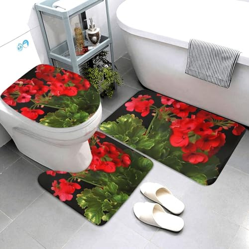 3 Piezas Juego De Alfombra De Baño Geranios Rojos Juego De Alfombrillas De Baño Decorar Imprimir Alfombras De Cama, para Dormitorio, Cocina, Bathroom