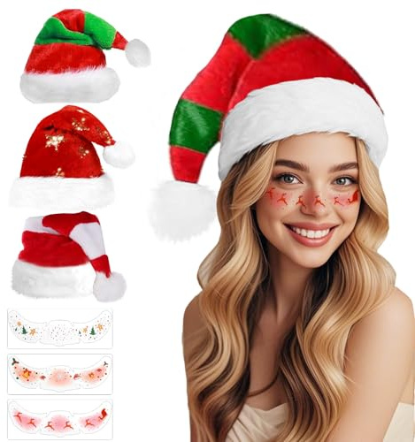 WENAUANG 6 Pièces Bonnet Noel, 3 Bonnet, 3 Tatouages éphémères, Chapeau de Père Adultes Taille De Luxe Costume de Chapeau de Noël en Peluche Ornements de Noël