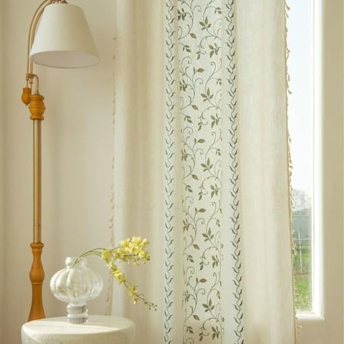 Stfery Bedroom Curtains 2 Panel Sets Green Rod Pocket, Embroidered Floral Semi Sheer Curtain Living Room, 55W x 110L Inch x 1 Panel