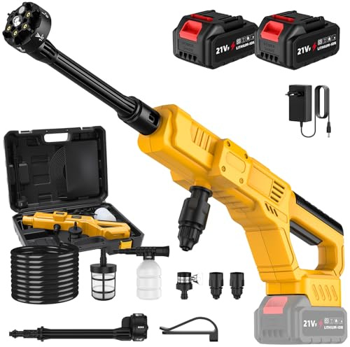 Hidrolimpiadora de Alta Presion, Hidrolimpiadora de Bateria 50Bar con 2×3Ah Baterías y Boquilla 6-en-1, Press & Clean Pistola Lavado para Coche, Jardín y Limpieza Exterior