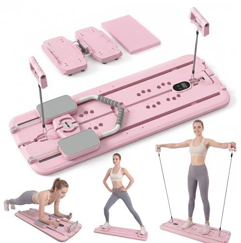 MaxU Pilates Board Reformer, vikbar pilatesbräda med skidmodul, 3-stegs motståndsband, räknare för kalorier/tid/repetitioner, 450 pund lastkraft, mobiltelefonhållare, hemträning